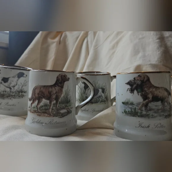 Vintage Enesco Speckled Stoneware Mugs Sporting Dogs Set Of 4 - Picture 2 of 9